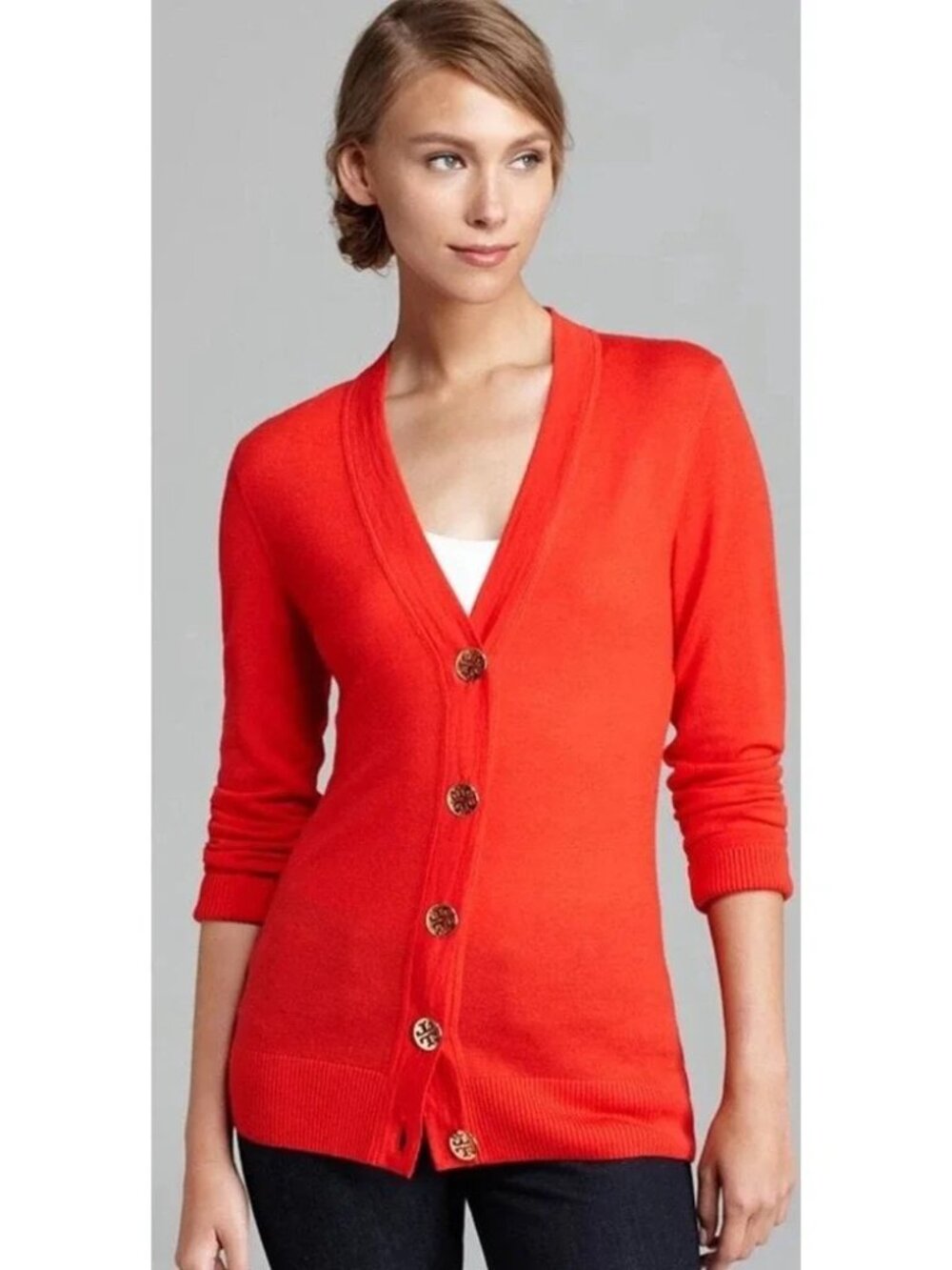 Tory Burch Simone Orange Cotton Preppy Cardigan Sweater. Size XS.